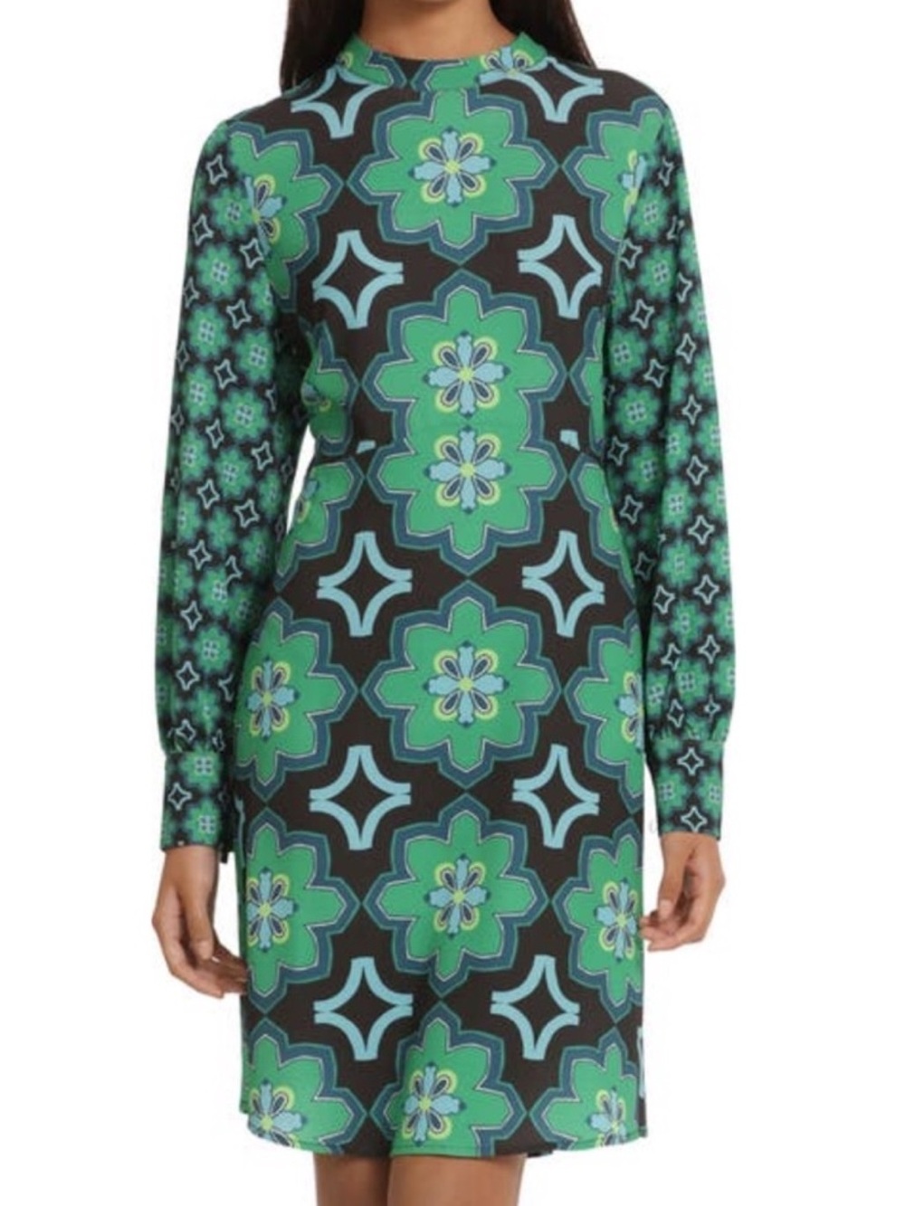 Donna Morgan Women 4 Black Green Printed Mock Neck Long Sleeve Mini Dress NWT